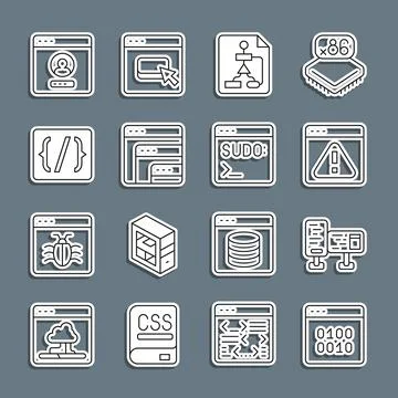 Set line Binary code, Computer monitor screen, Browser with exclamation mark 스톡 일러스트