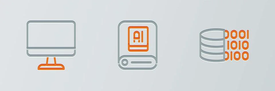 Set line Binary code, Computer monitor and Artificial intelligence AI icon Stock Illustration
