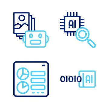 Set line Binary code, Computer api interface, Processor CPU and Artificial in Illustrazione stock