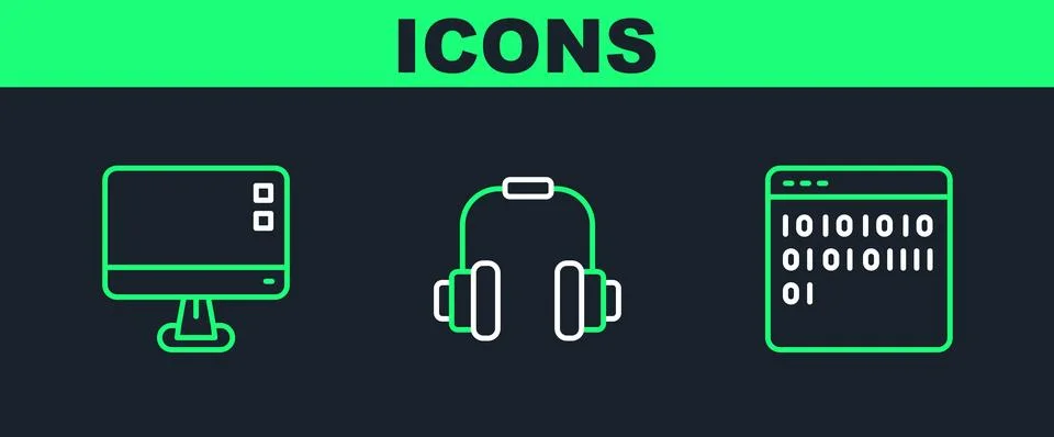 Set line Binary code, Computer monitor screen and Headphones icon. Vector Stock Illustration