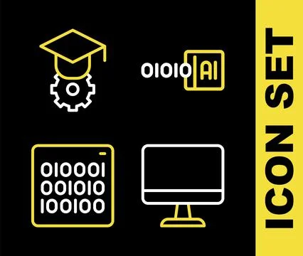 Set line Binary code, Computer monitor, and Graduation cap icon. Vector Illustrazione stock