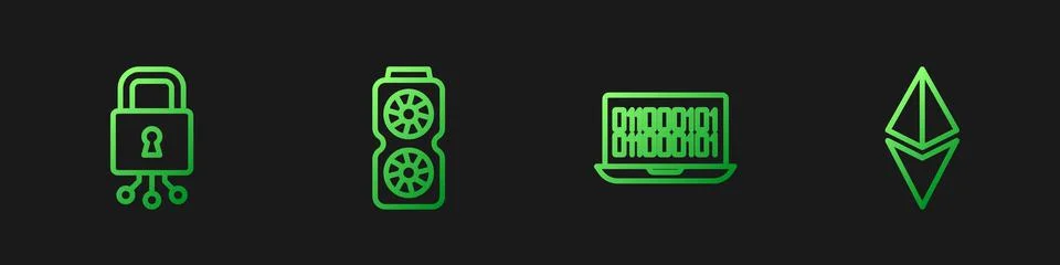 Set line Binary code, Cyber security, Video graphic card and Ethereum ETH Stock Illustration