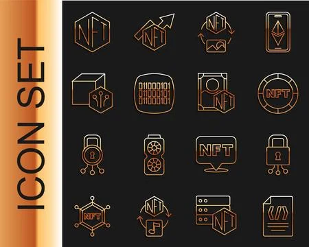 Set line Binary code, Cyber security, NFT Digital crypto art,  and  icon. V.. Stock Illustration