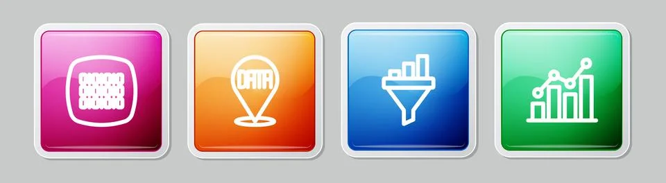 Set line Binary code, Data analysis, Sales funnel with chart and Pie infographic Illustrazione stock