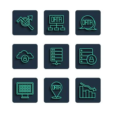 Set line Binary code, Data analysis, Financial growth decrease, Server, Cloud Stock Illustration