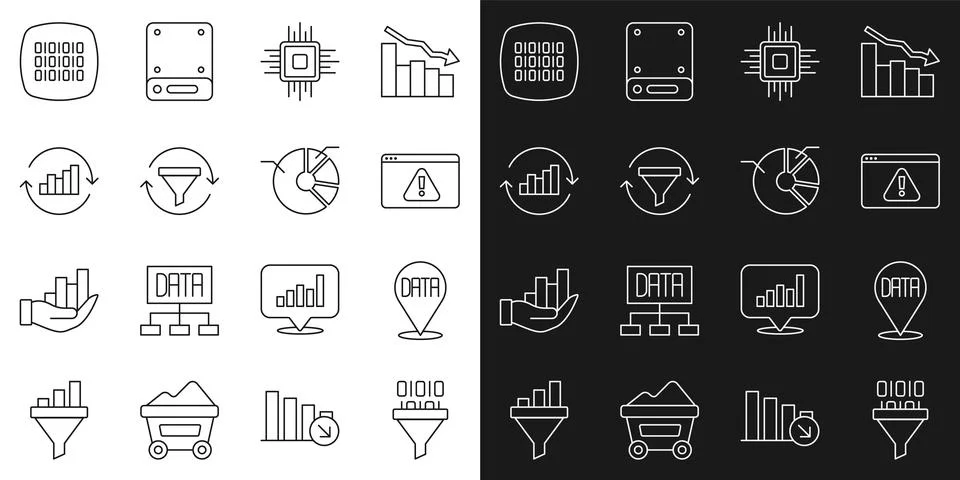 Set line Binary code, Data analysis, Browser with exclamation mark, Processor Stock Illustration