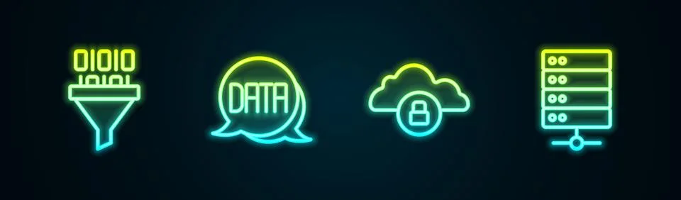 Set line Binary code, Data analysis, Cloud computing lock and Server. Glowing Stock Illustration