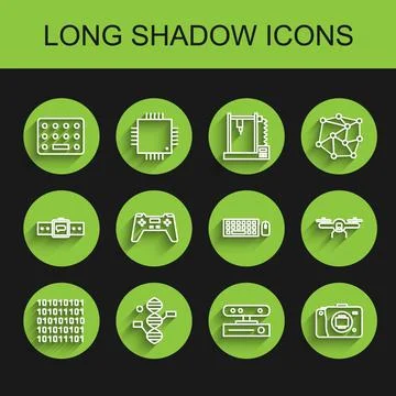 Set line Binary code, DNA symbol, Pills blister pack, Motion sensor, Mirrorless Stock Illustration