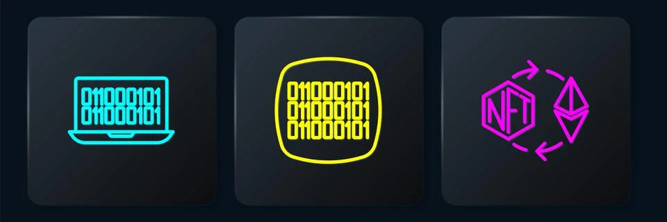 Set line Binary code, Ethereum exchange NFT and . Black square button. Vector Stock Illustration