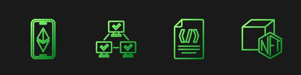 Set line Binary code, Ethereum ETH, NFT blockchain technology and Digital c.. Stock Illustration