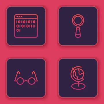 Set line Binary code, Eyeglasses, Magnifying and Earth globe. Blue square button Stock Illustration