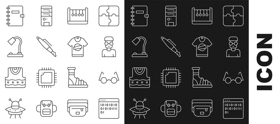 Set line Binary code, Eyeglasses, Nerd geek, Pendulum, Fountain pen nib, Table 库存插图