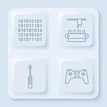 Set line Binary code, Factory conveyor system belt, Screwdriver and Gamepad Stock Illustration