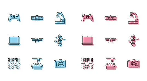 Set line Binary code, Factory conveyor system belt, Gamepad, Mirrorless camera Stock Illustration