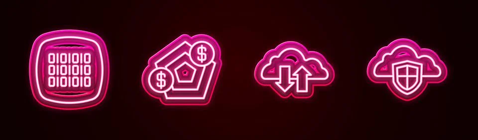 Set line Binary code, Financial growth, Cloud download and upload and shield. Stock Illustration