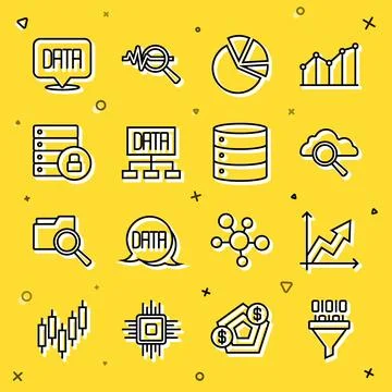 Set line Binary code, Financial growth, Search cloud computing, Pie chart Stock Illustration