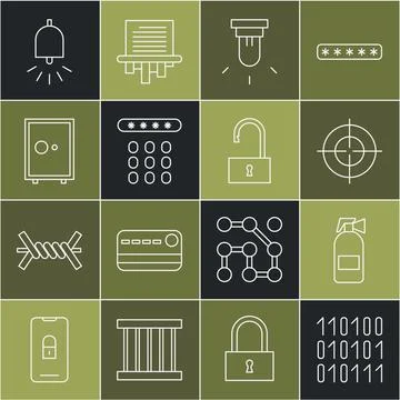 Set line Binary code, Fire extinguisher, Target sport, Motion sensor, Password Stock Illustration