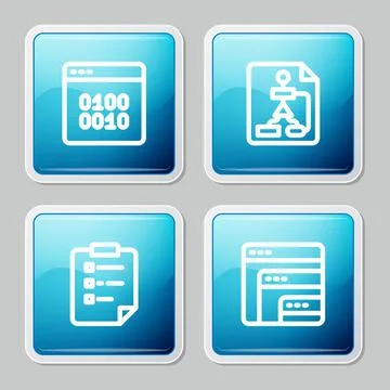 Set line Binary code, Flowchart, Clipboard with checklist and Software icon.  Stock Illustration
