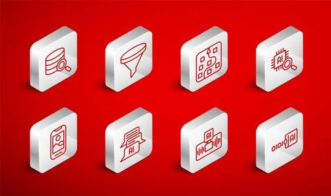 Set line Binary code, Funnel or filter, Neural network, Processor CPU Stock Illustration