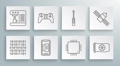 Set line Binary code, Gamepad, Smartphone, mobile phone, Processor with mic.. Stock Illustration