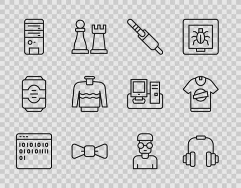 Set line Binary code, Headphones, Audio jack, Bow tie, Computer, Sweater, Nerd Stock Illustration