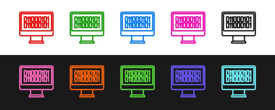 Set line Binary code icon isolated on black and white background. Vector Stock Illustration