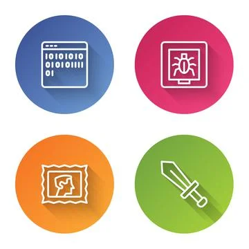 Set line Binary code, Insects frame, Postal stamp and Sword for game. Color 스톡 일러스트