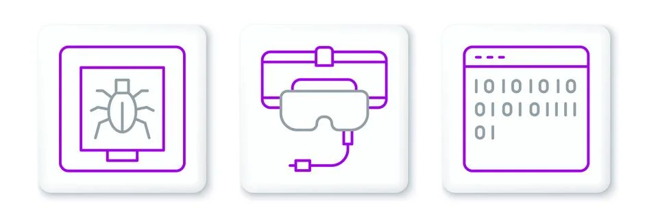 Set line Binary code, Insects frame and Virtual reality glasses icon. Vector Stock Illustration