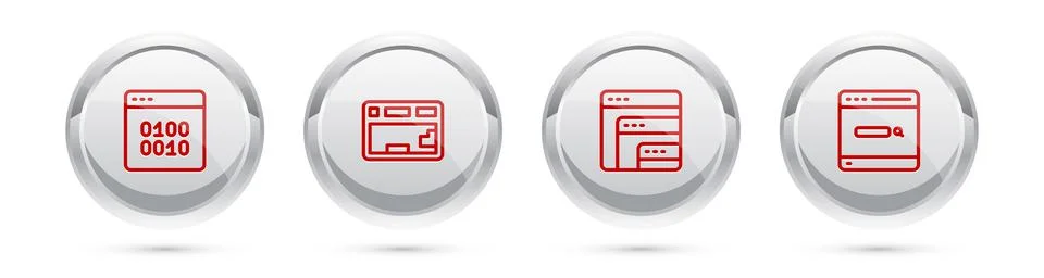 Set line Binary code, Keyboard, Software and Search engine. Silver circle button Stockillustratie