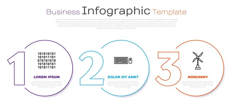 Set line Binary code, Keyboard and mouse and Wind turbine. Business infographic Stockillustratie