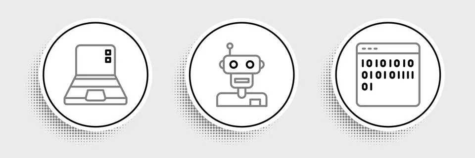 Set line Binary code, Laptop and Robot icon. Vector Stock Illustration