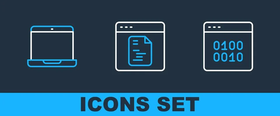 Set line Binary code, Laptop and Software icon. Vector イラスト素材