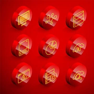 Set line Binary code, Mind map infographic, Server, Pie chart, Cloud download Stock Illustration