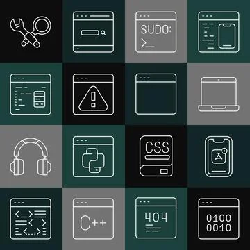 Set line Binary code, Mobile Apps, Laptop, Code terminal, Browser with Stock Illustration