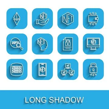 Set line Binary code, Mobile with art store app, Ethereum ETH, NFT blockchain Stock Illustration