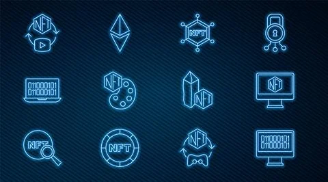 Set line Binary code, Monitor with art store app, NFT blockchain technology Stock Illustration