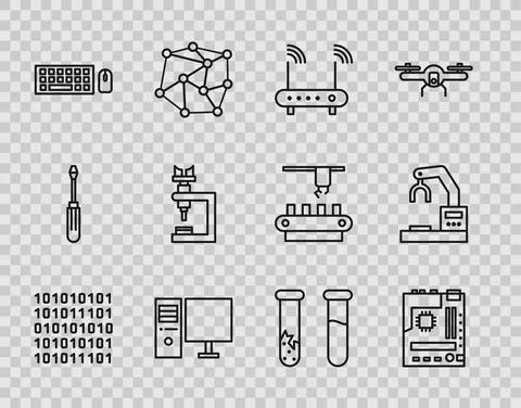 Set line Binary code, Motherboard, Router and wi-fi signal, Computer monitor Stock Illustration