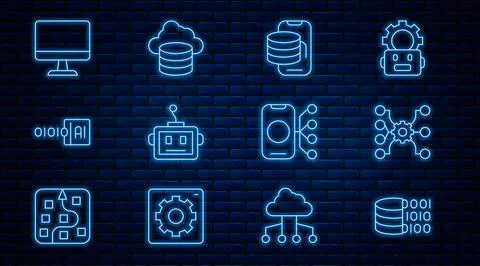 Set line Binary code, Neural network, Cloud technology data transfer, Artificial Stock Illustration