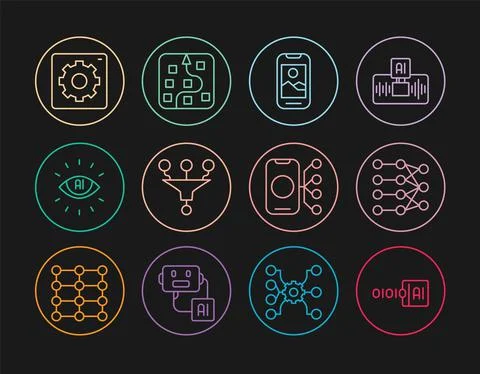 Set line Binary code, Neural network, Mobile phone, Funnel filter, Artificial Stock Illustration
