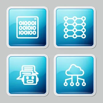 Set line Binary code, Neural network, Chat bot and Network cloud connection icon Stock Illustration