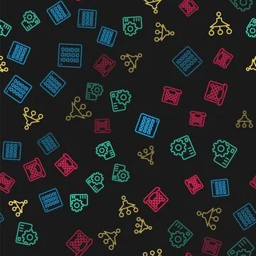 Set line Binary code, Neural network, Funnel filter and on seamless pattern Stock Illustration
