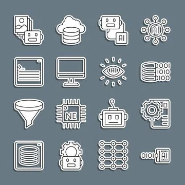 Set line Binary code, Neural network, Artificial intelligence robot, Computer Stock Illustration
