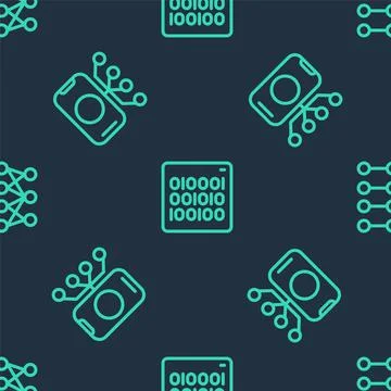 Set line Binary code, Neural network and  on seamless pattern. Vector Stock Illustration