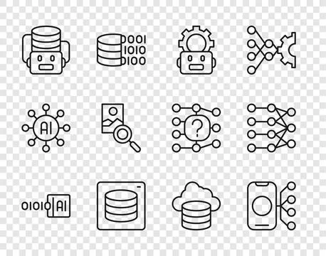 Set line Binary code, Neural network, Robot setting, Server, Data, Artificial Stock Illustration