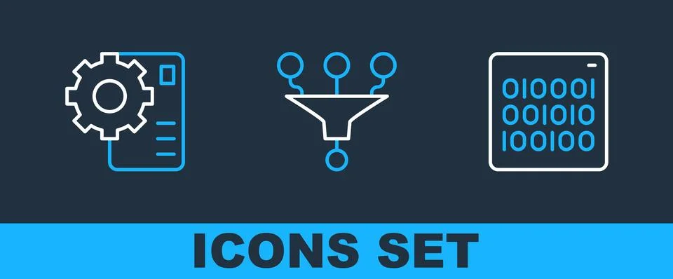 Set line Binary code, Neural network and Funnel filter icon. Vector Stock Illustration