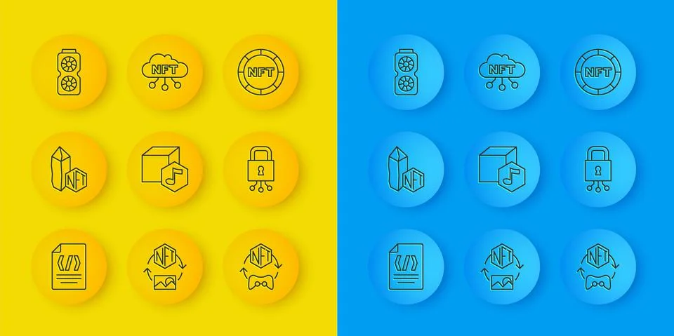 Set line Binary code, NFT Digital crypto art, Cyber security, Video graphic card Stock Illustration