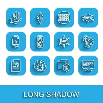 Set line Binary code, NFT Digital crypto art, Video graphic card, and blockchain Stock Illustration