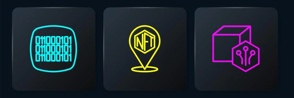 Set line Binary code, NFT Digital crypto art and . Black square button. Vector Stock Illustration