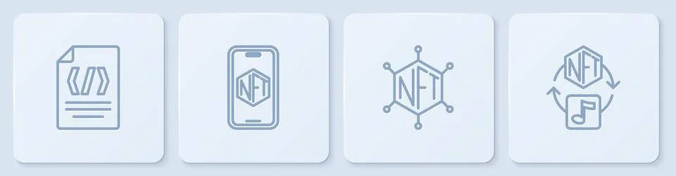 Set line Binary code, NFT blockchain technology, Mobile with art store app and Stockillustratie