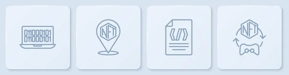 Set line Binary code, NFT Digital crypto art and . White square button. Vector Stock Illustration